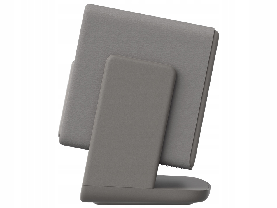 Szary stojak na tablet lub czytnik e-booków, widziany z boku.