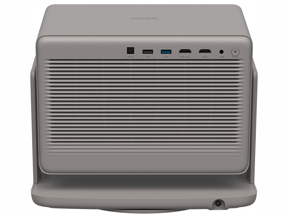 Szary projektor z otworami wentylacyjnymi i portami na górze.