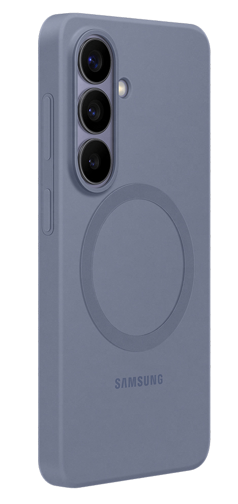 Parte trasera de un teléfono Samsung azul con tres cámaras y un anillo.