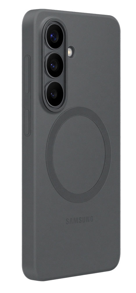 Teléfono gris oscuro con tres cámaras y logo de Samsung.