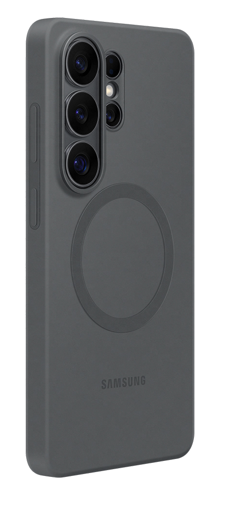 Funda de teléfono gris oscuro con cuatro lentes de cámara y anillo magnético.