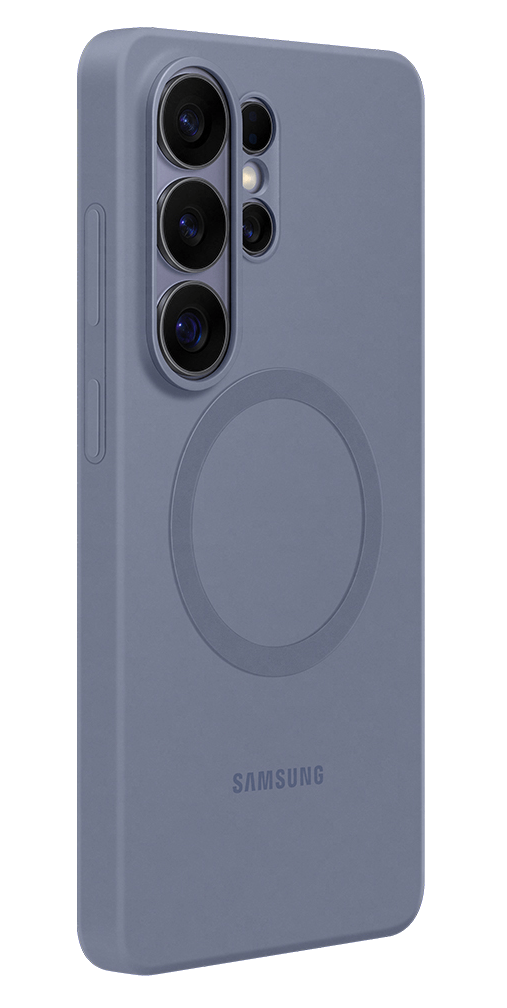 Una funda de teléfono azul con módulo de cámara y logo Samsung.