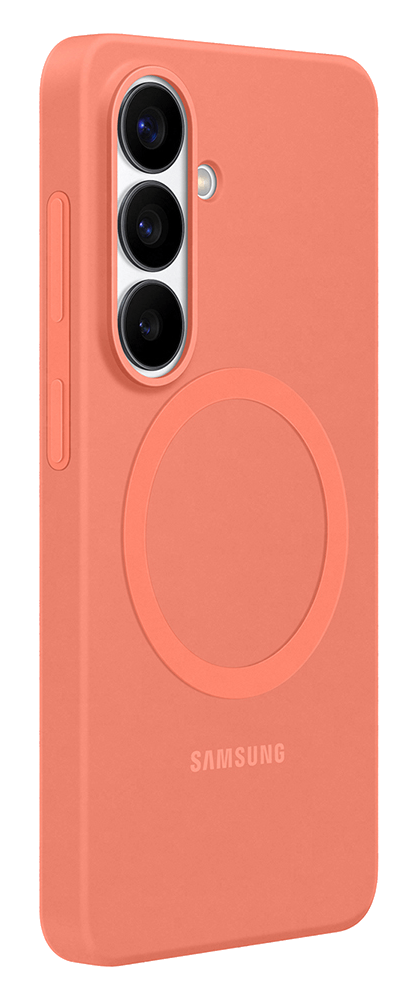 Parte trasera de un teléfono Samsung coral con tres cámaras y diseño circular.