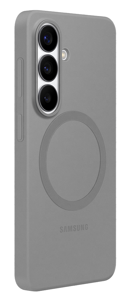 Funda de teléfono gris con tres cámaras y logo de Samsung.