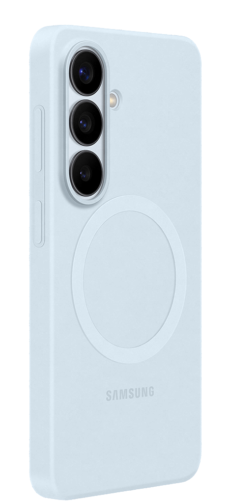 Funda azul claro para teléfono con tres cámaras y logo Samsung.