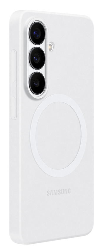 Funda blanca para teléfono con tres cámaras y un círculo detrás.