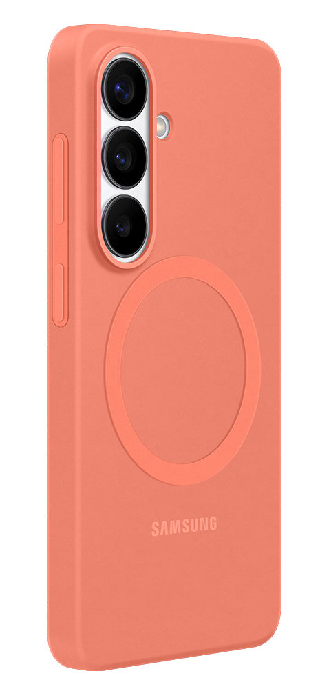 Funda de teléfono coral con tres lentes de cámara y logo Samsung.