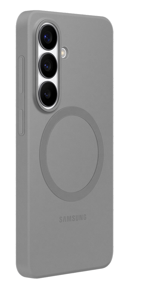 Funda gris para teléfono con tres cámaras y círculo de carga.