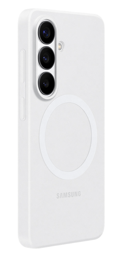 Funda blanca para teléfono con tres lentes de cámara y un anillo MagSafe circular.