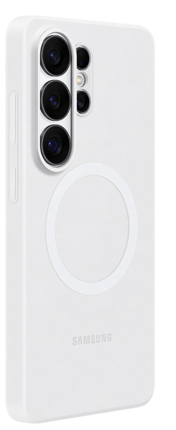 Funda blanca para teléfono con lentes de cámara y logo de Samsung. Anillo magnético.