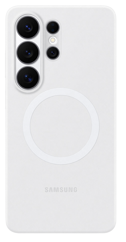 Funda blanca para teléfono con módulo de cámara y anillo. Logo Samsung abajo.
