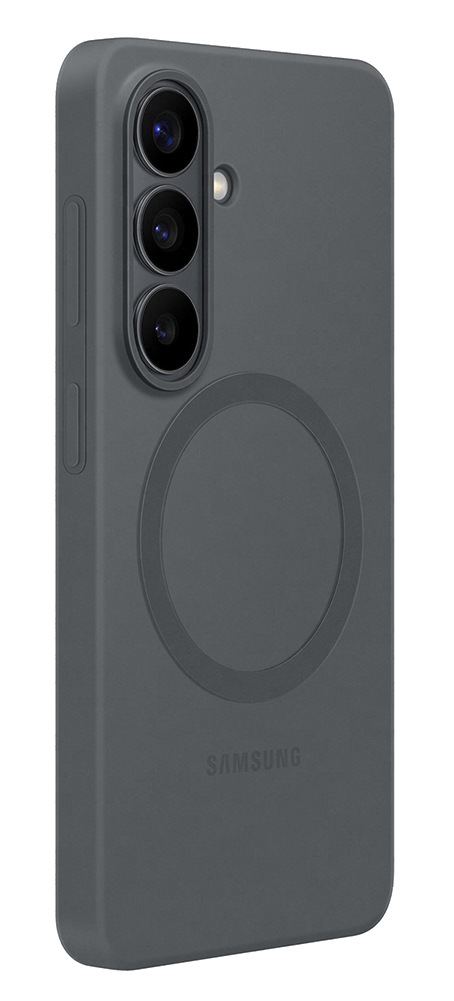 Teléfono gris oscuro con tres cámaras y un anillo MagSafe circular.