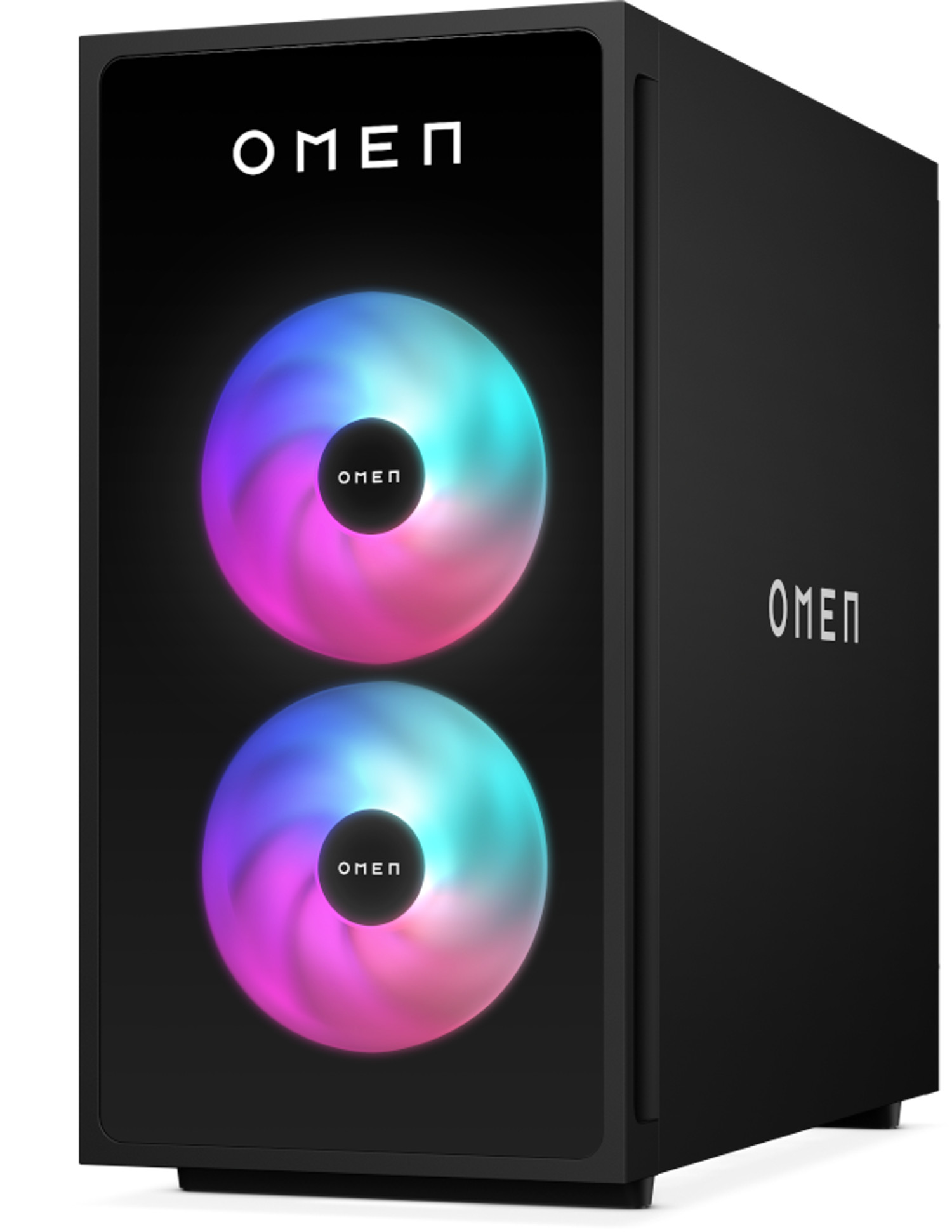 Schwarzer OMEN PC mit zwei beleuchteten Lüftern und Logo.