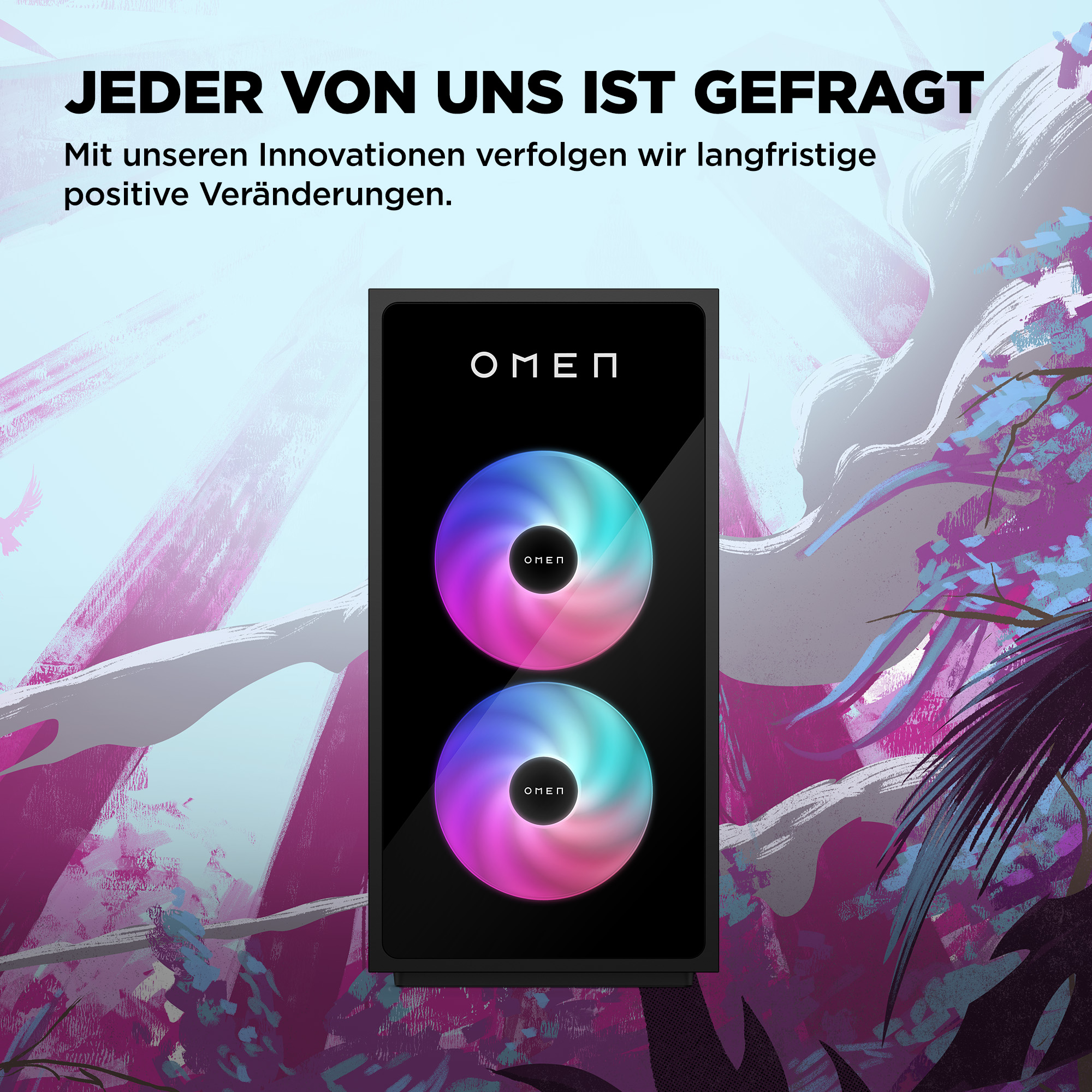 Ein OMEN PC mit beleuchteten Lüftern vor einem abstrakten Hintergrund.