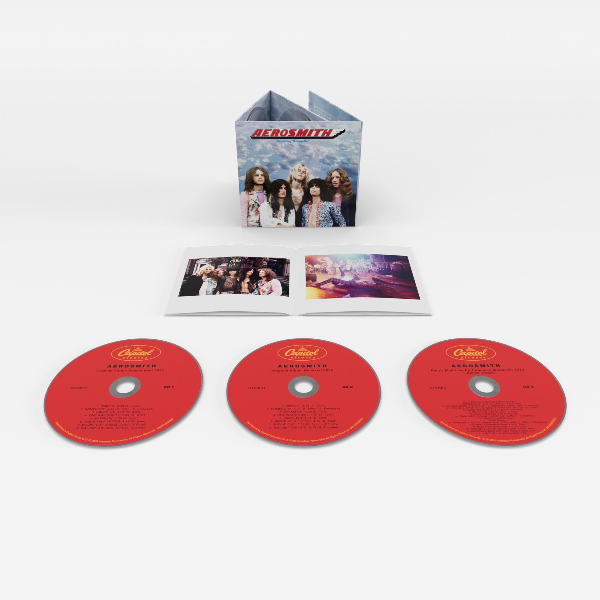 Aerosmith CD-Set mit Bandfoto und drei roten CDs, mit Titelinformationen.