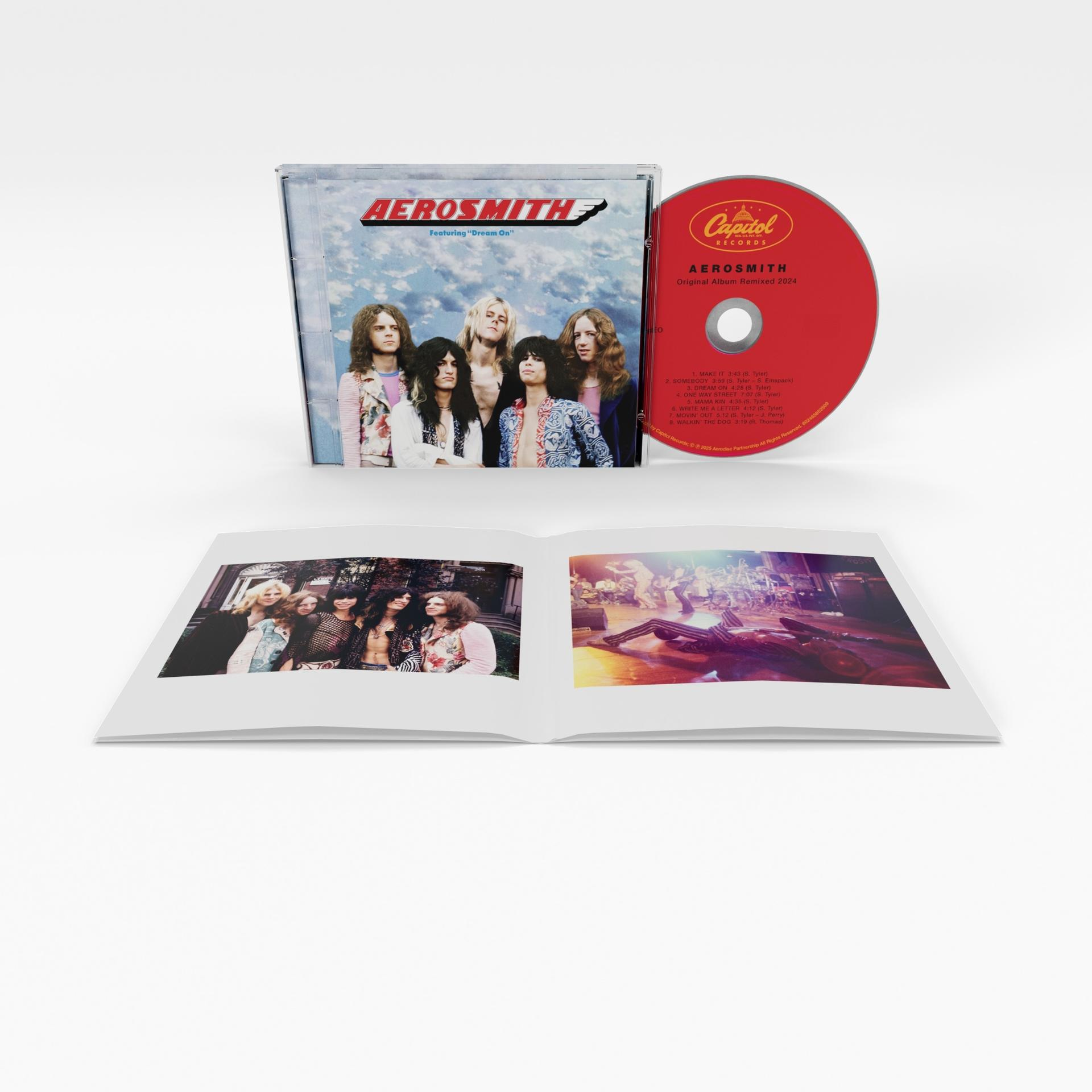 Aerosmith CD-Album-Hülle mit Bandfoto und roter CD mit Titelliste.