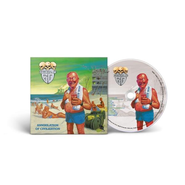 Ein Mann mit einem Drink am Strand, neben Bauarbeiten. CD und Hülle.