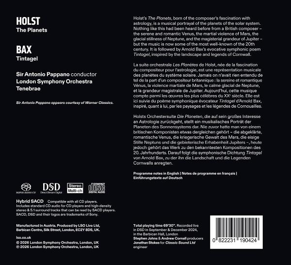 CD-Cover mit Texten über Holsts 'The Planets' und Bax' 'Tintagel'.