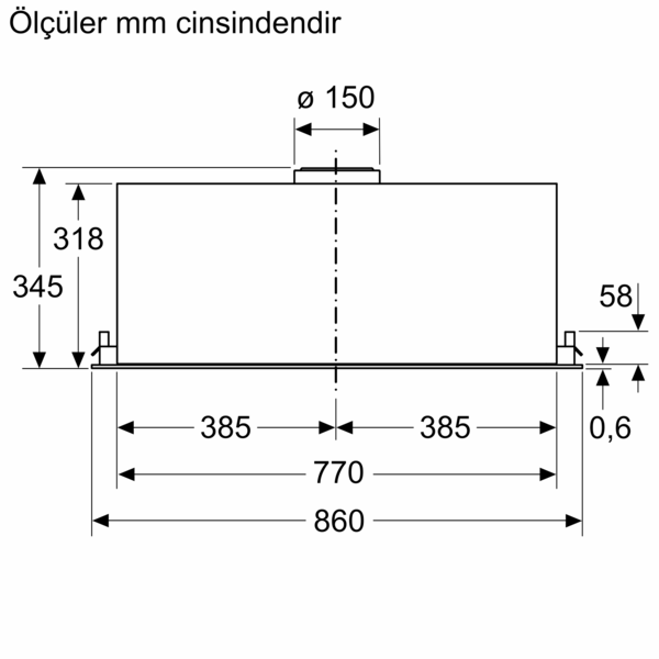 Ölçülü bir davlumbaz muhafazasının teknik çizimi.