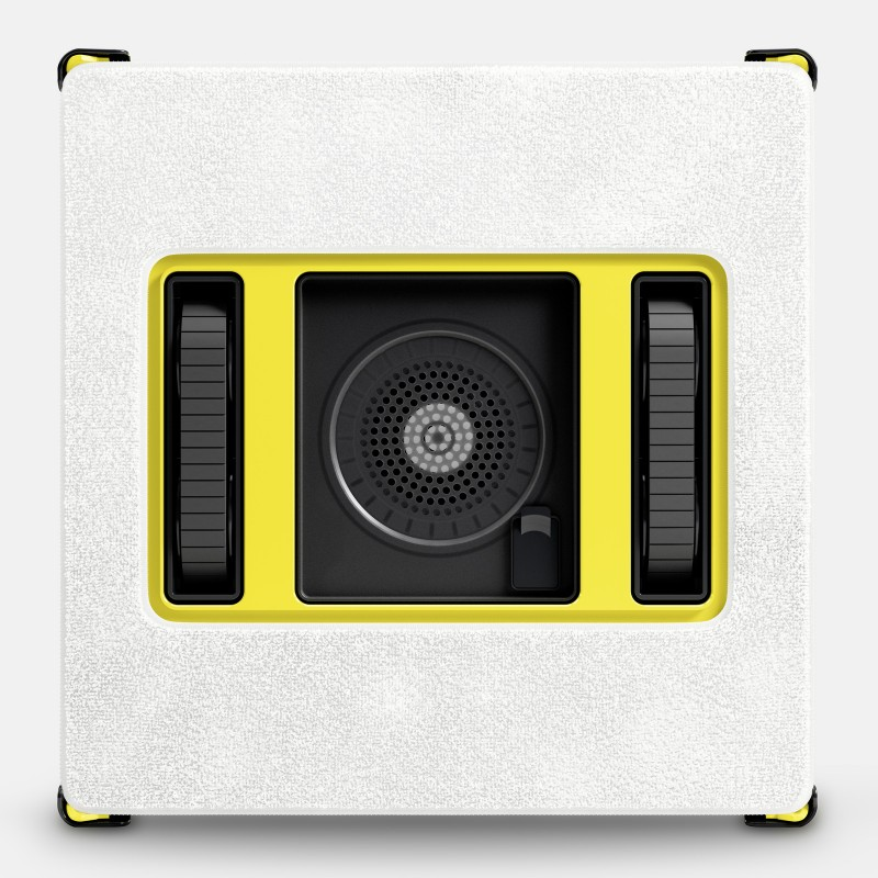 Biała prostokątna maszyna z żółtą ramką i czarną kratką wentylatora.