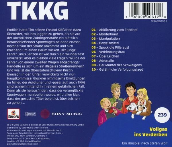 TKKG Hörspiel-Cover mit Titel, Trackliste, vier gezeichneten Figuren und einem Hund.
