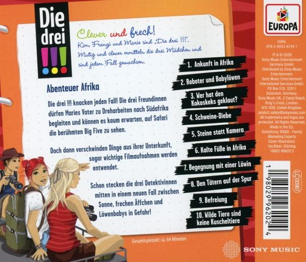 Drei Mädchen auf Safari, mit Text und Episodenliste. Europa-Logo.