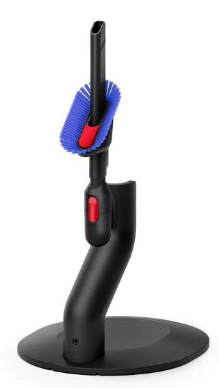 Czarny dodatek do odkurzacza z niebieską szczotką i czerwonym akcentem na stojaku.