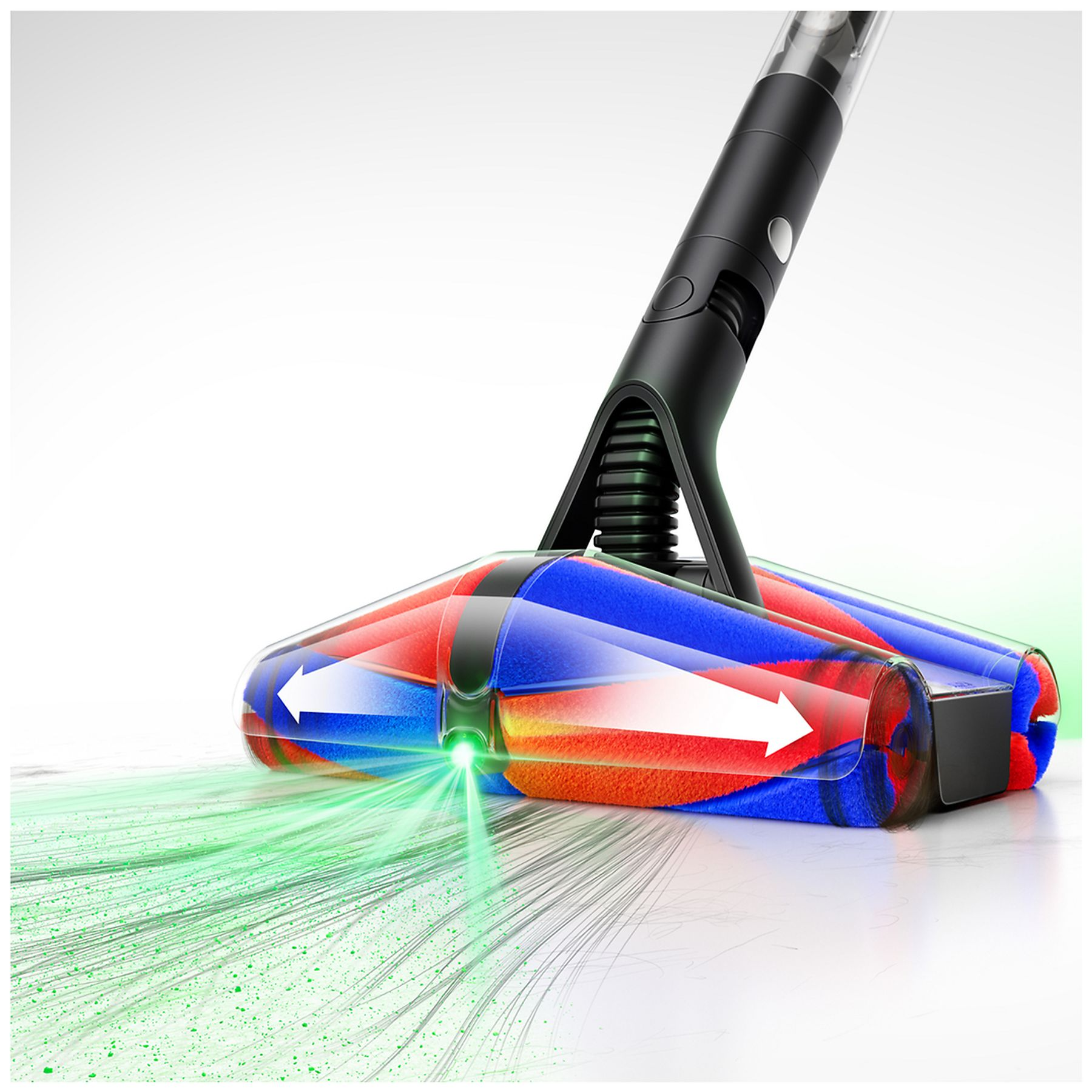 Głowica odkurzacza z czerwono-niebieskimi szczotkami, zasysa kurz zielonym światłem.