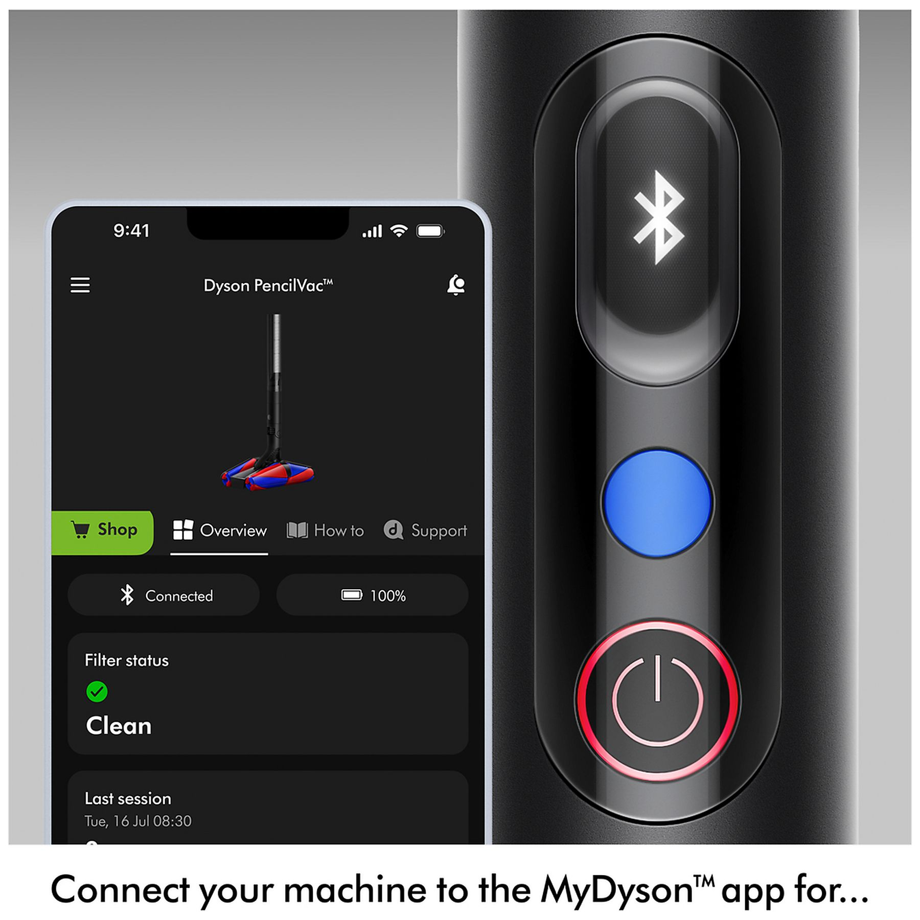 Aplikacja Dyson na telefonie pokazuje odkurzacz i status. Zbliżenie przycisków.