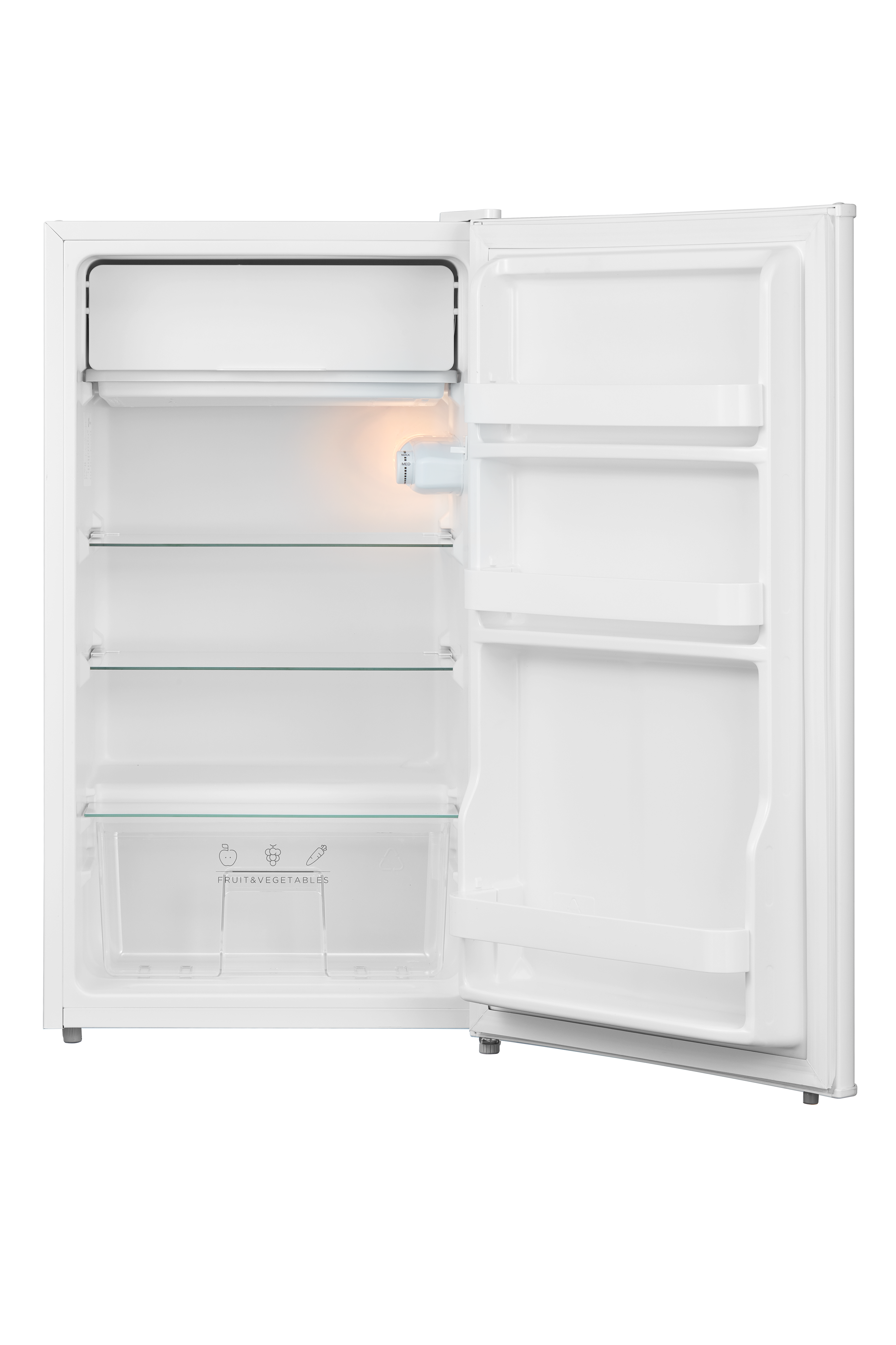 An empty white refrigerator with its door open, featuring glass shelves and a fruit/vegetable drawer.