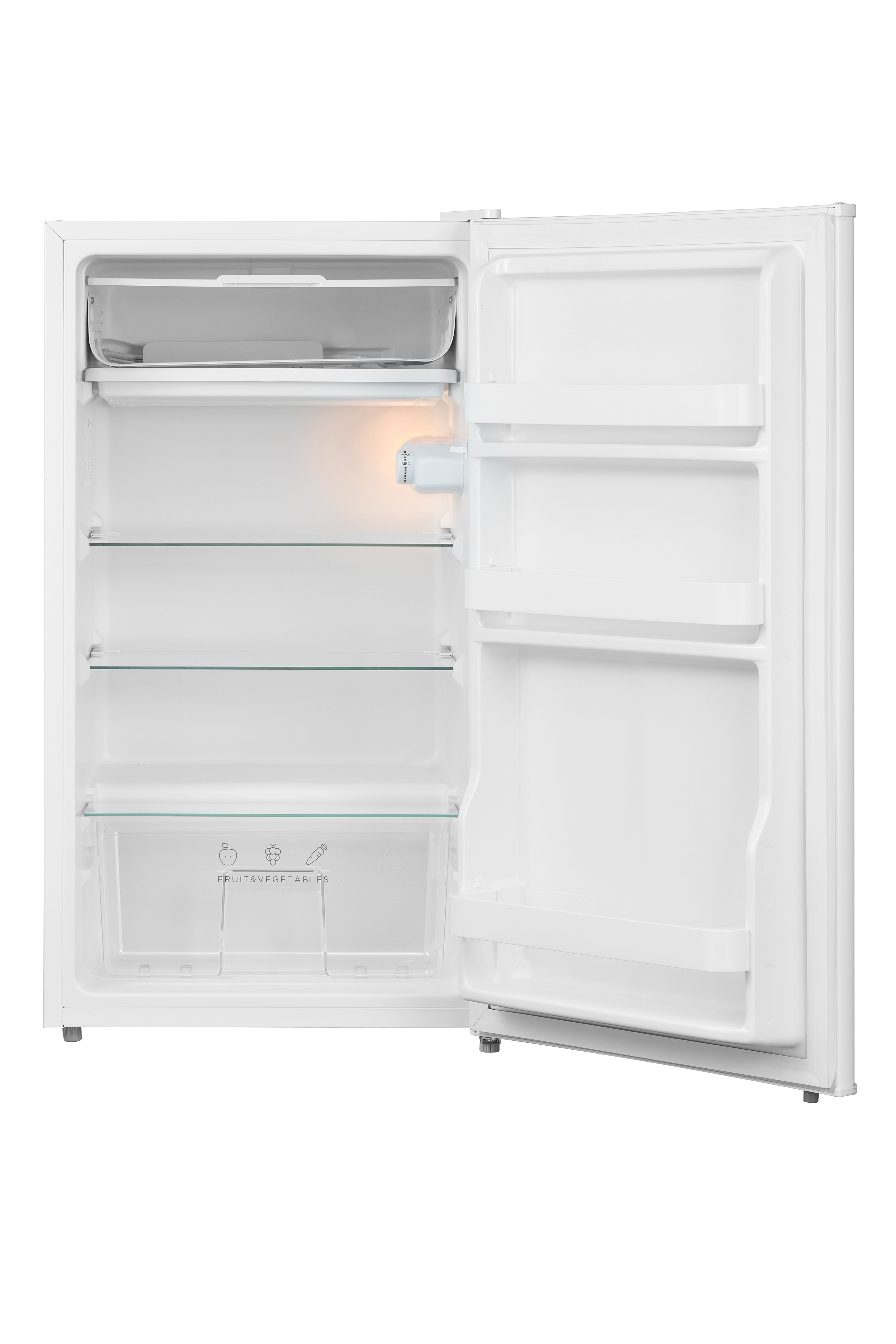 An empty white refrigerator with its door open and glass shelves.