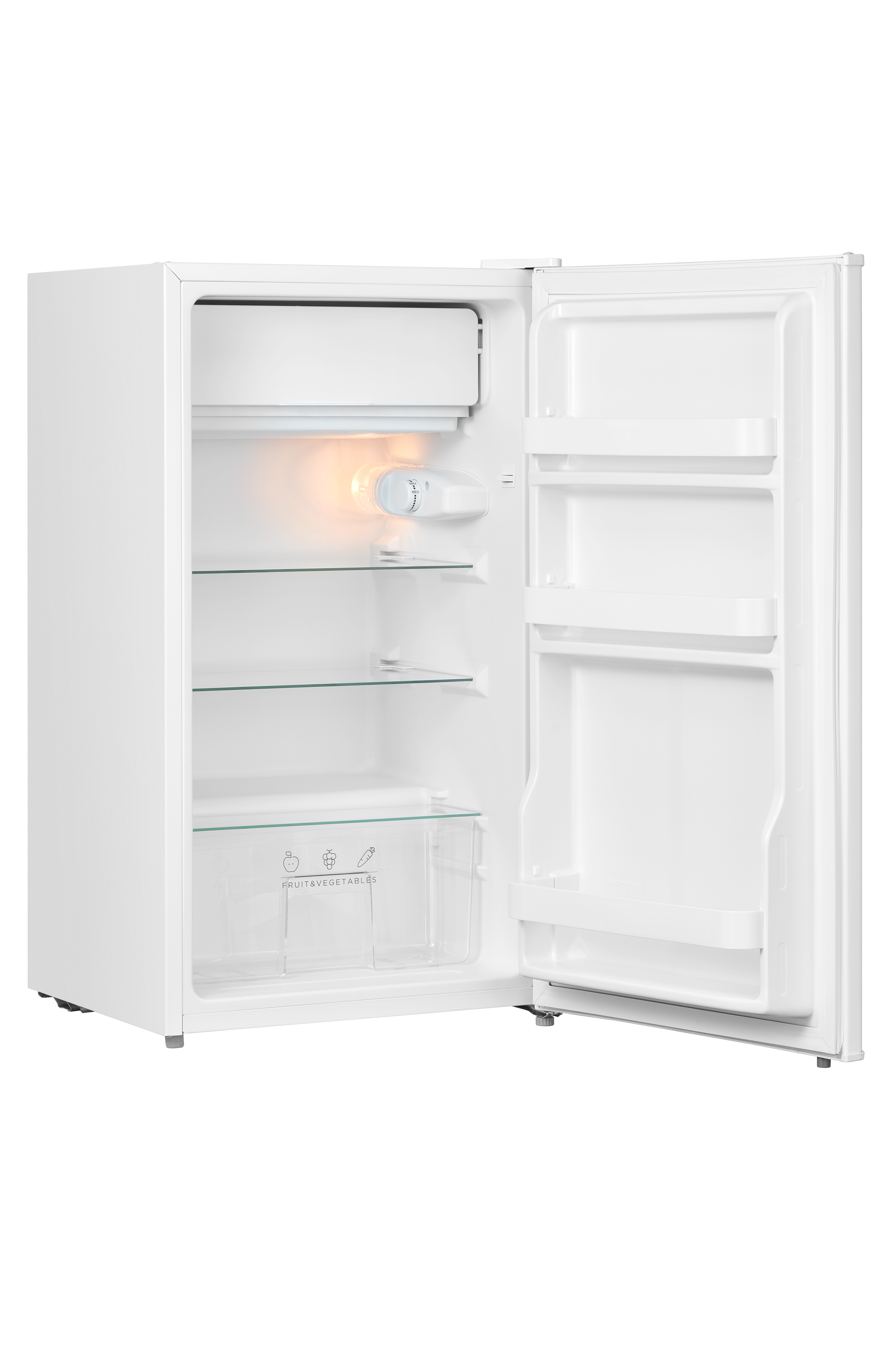 An open white refrigerator with glass shelves and a vegetable drawer.