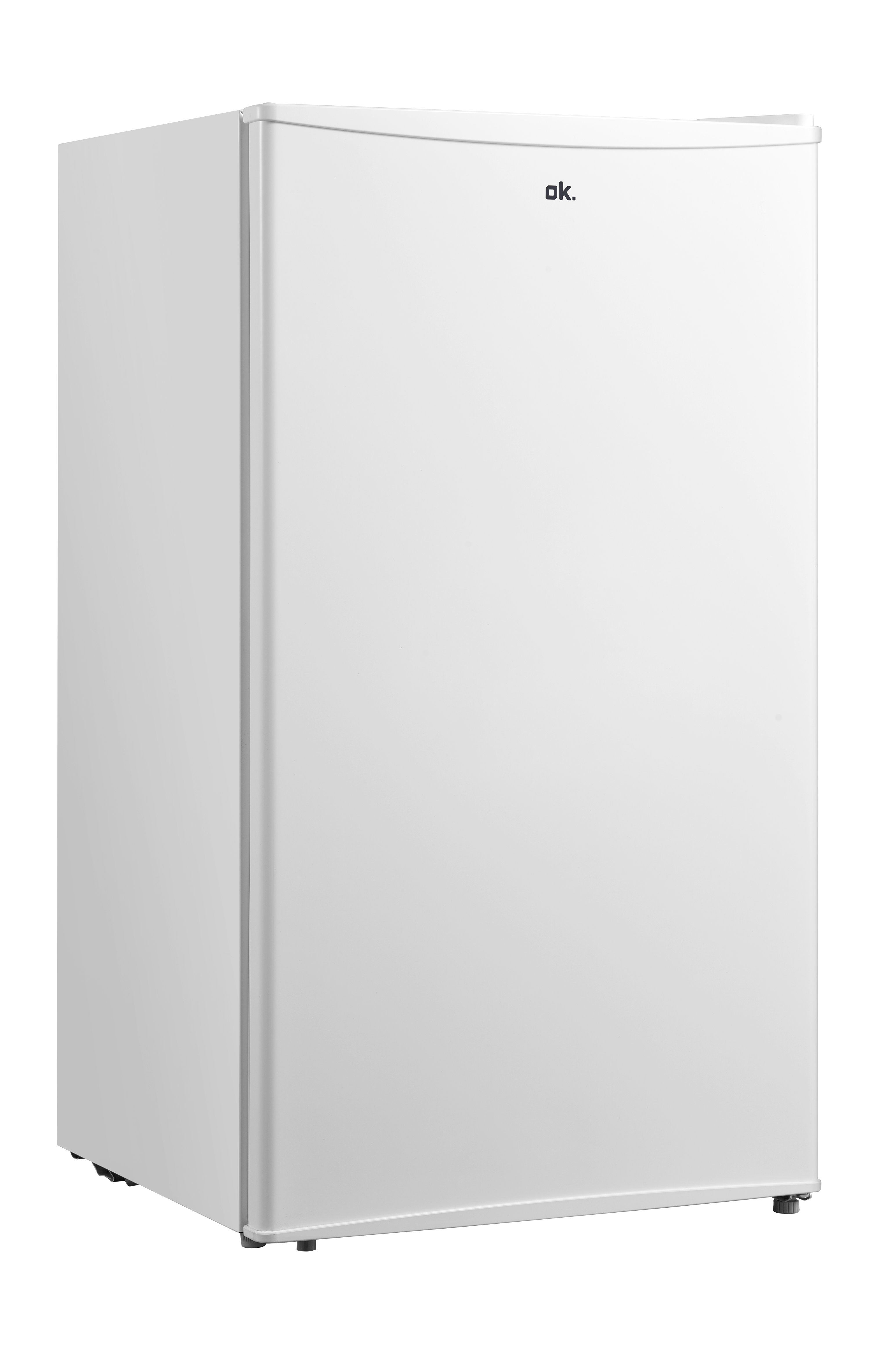 A white, freestanding refrigerator with the 'ok.' logo on the top right of the door.