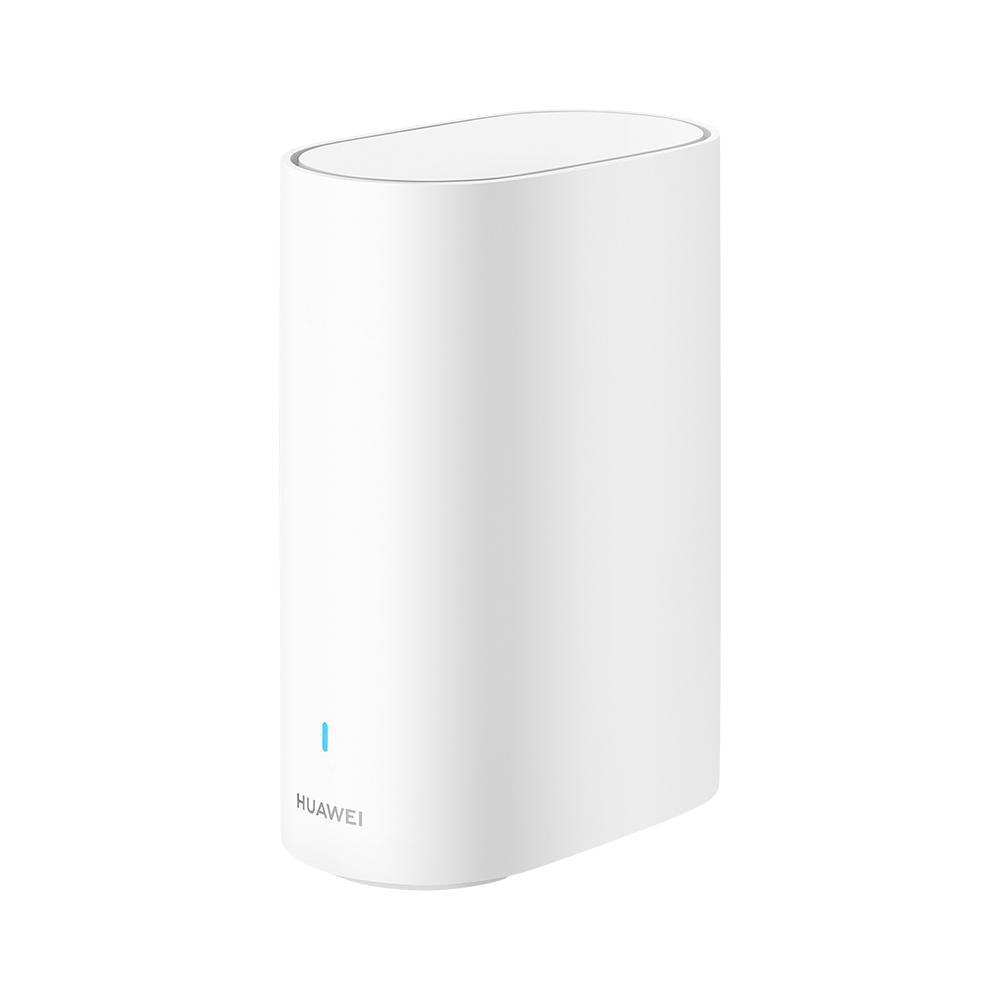 Ein weißer Huawei-Router mit blauem Lichtstreifen und Huawei-Logo.