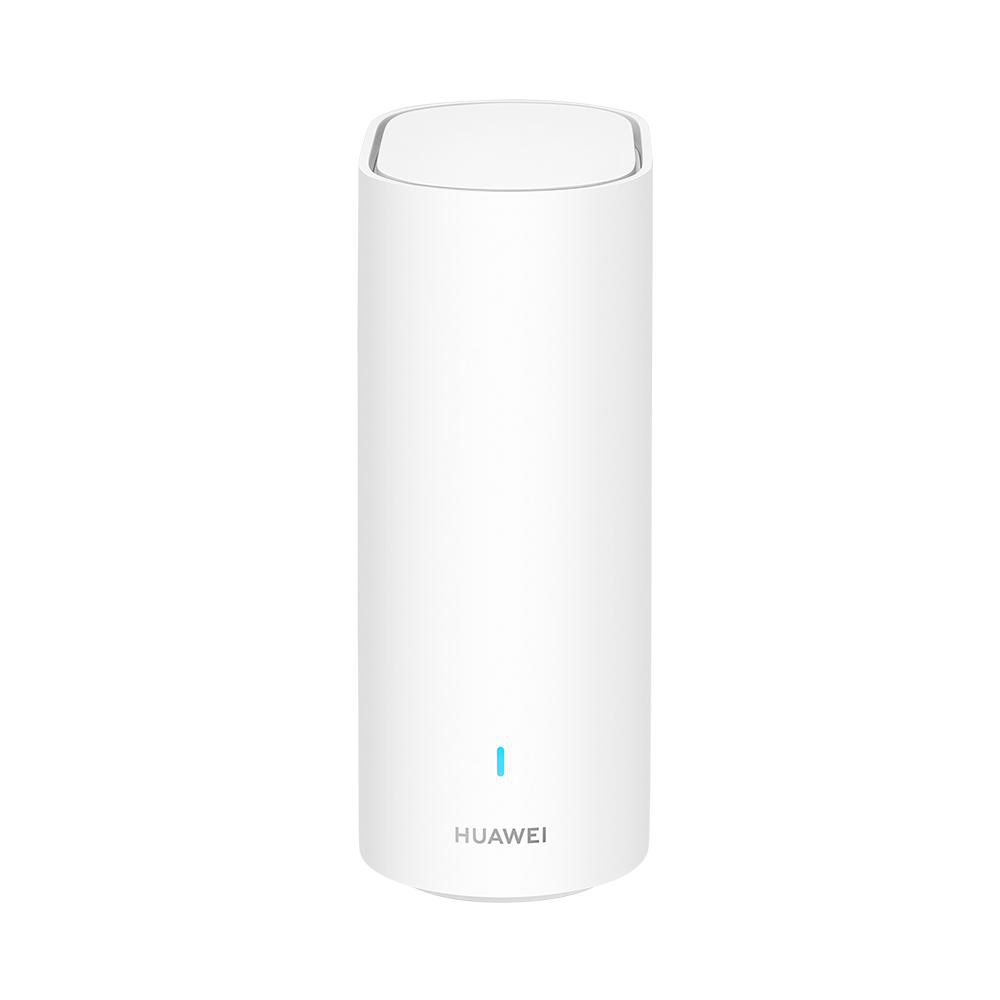Ein weißer zylindrischer Huawei-Router mit einem blauen Licht und Logo.