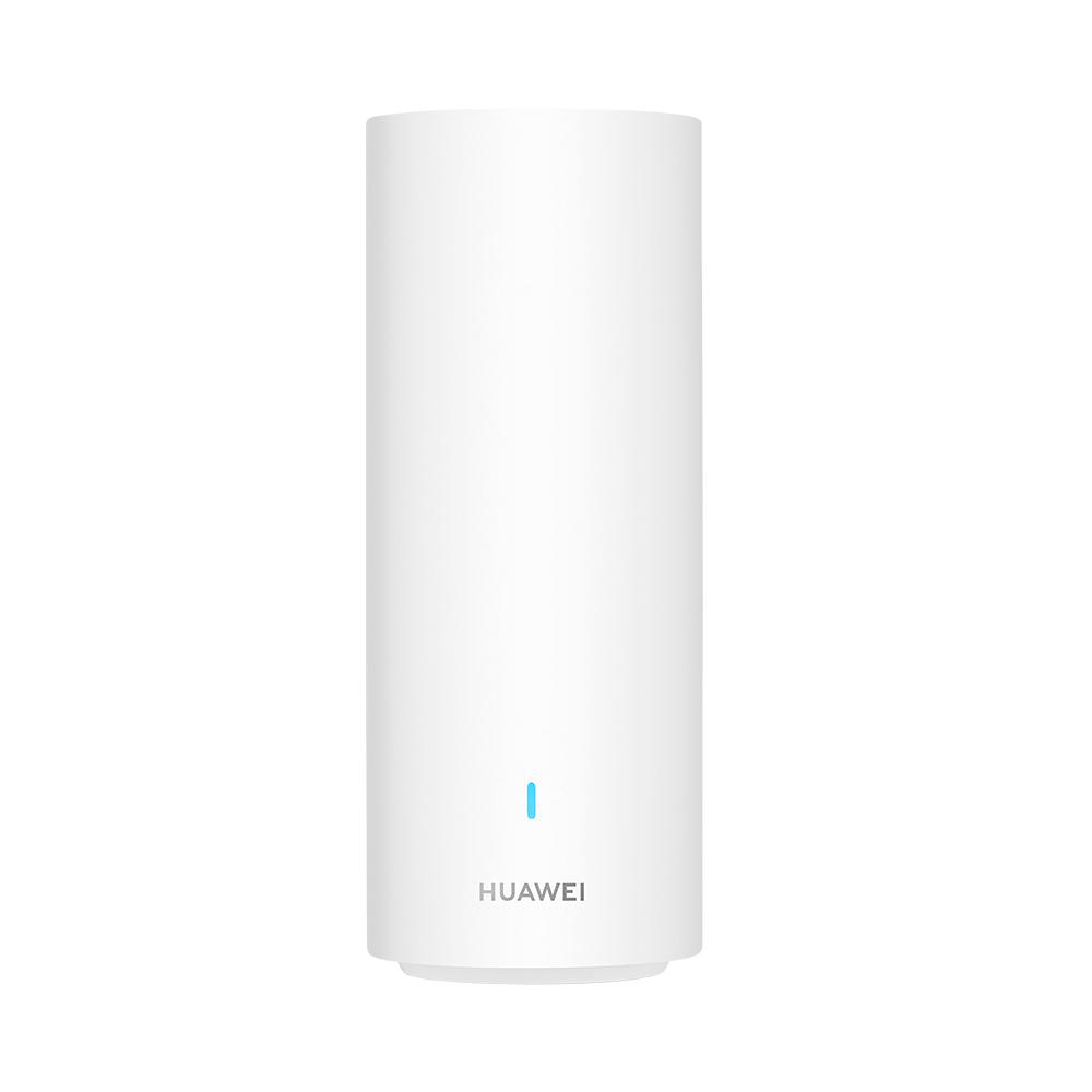 Ein schlankes, weißes Huawei-Gerät mit einem blauen Lichtstreifen und Logo.