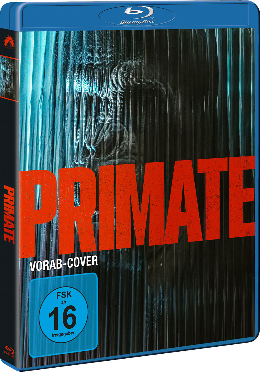 Blu-ray Hülle mit dem Titel "PRIMATE" und einem Monster im Hintergrund.