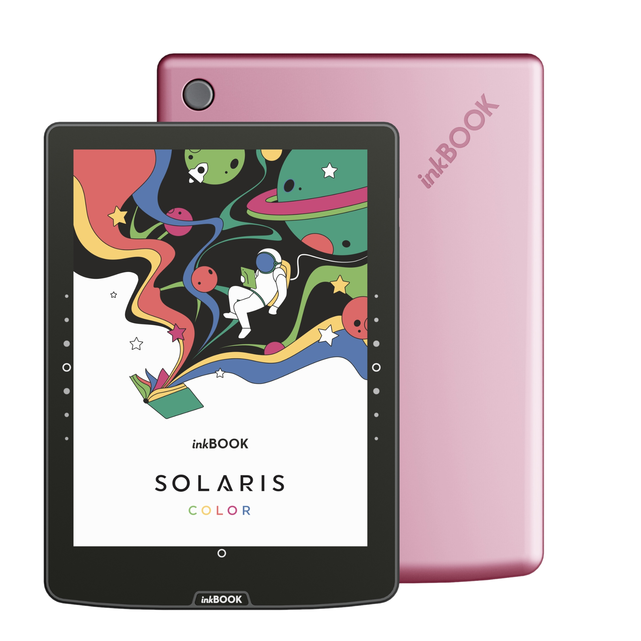 Różowy czytnik e-booków z kolorową ilustracją kosmiczną na ekranie.