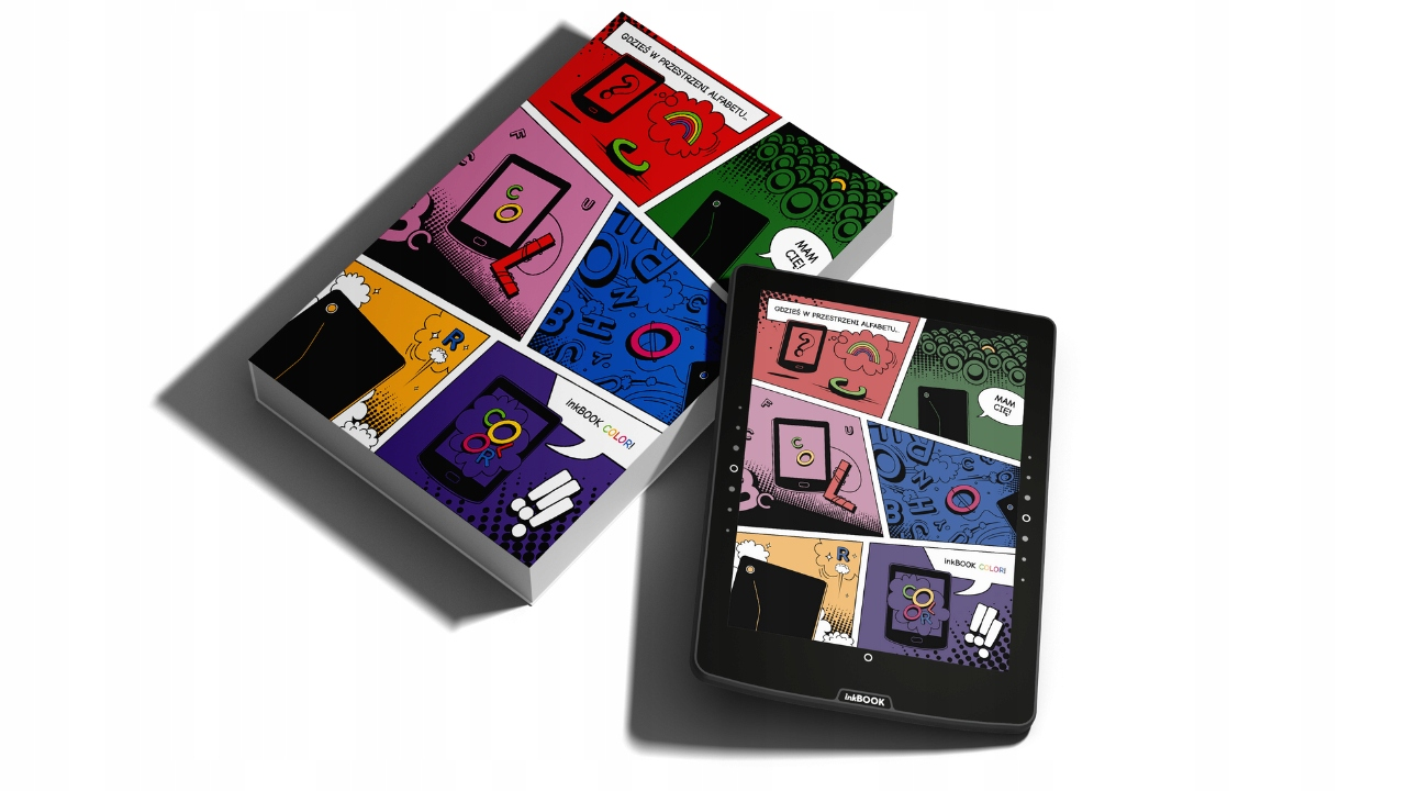 Czytnik e-booków i opakowanie z kolorowymi ilustracjami w stylu komiksowym.