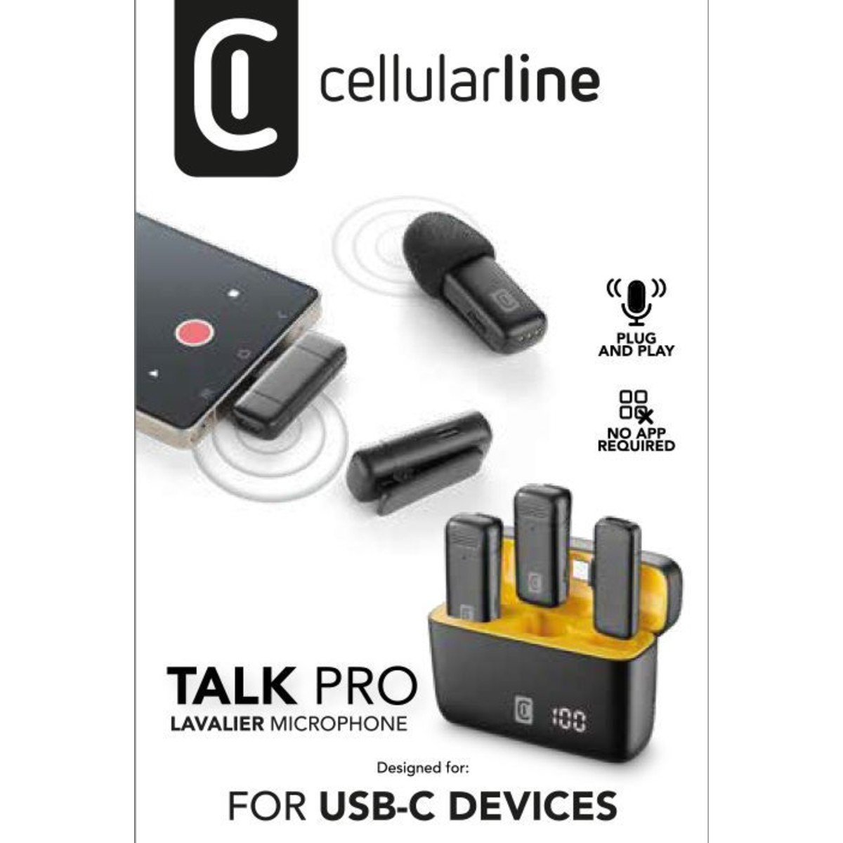 Kit de micrófono de solapa Cellularline Talk Pro con teléfono, estuche y micrófonos.