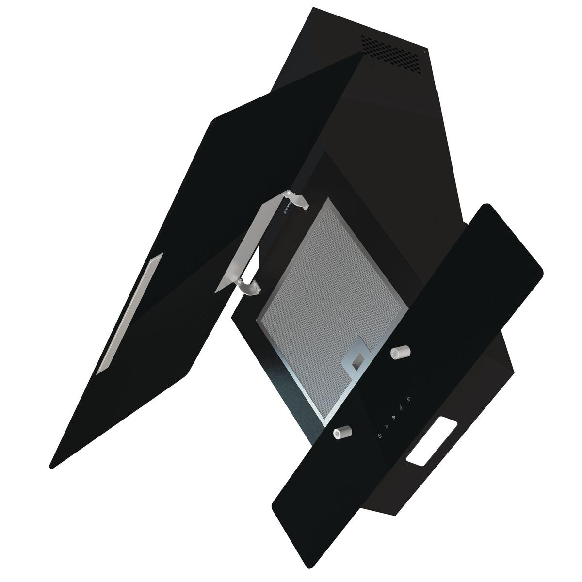 Schwarze Dunstabzugshaube mit silbernen Bedienelementen und Metallfilter.