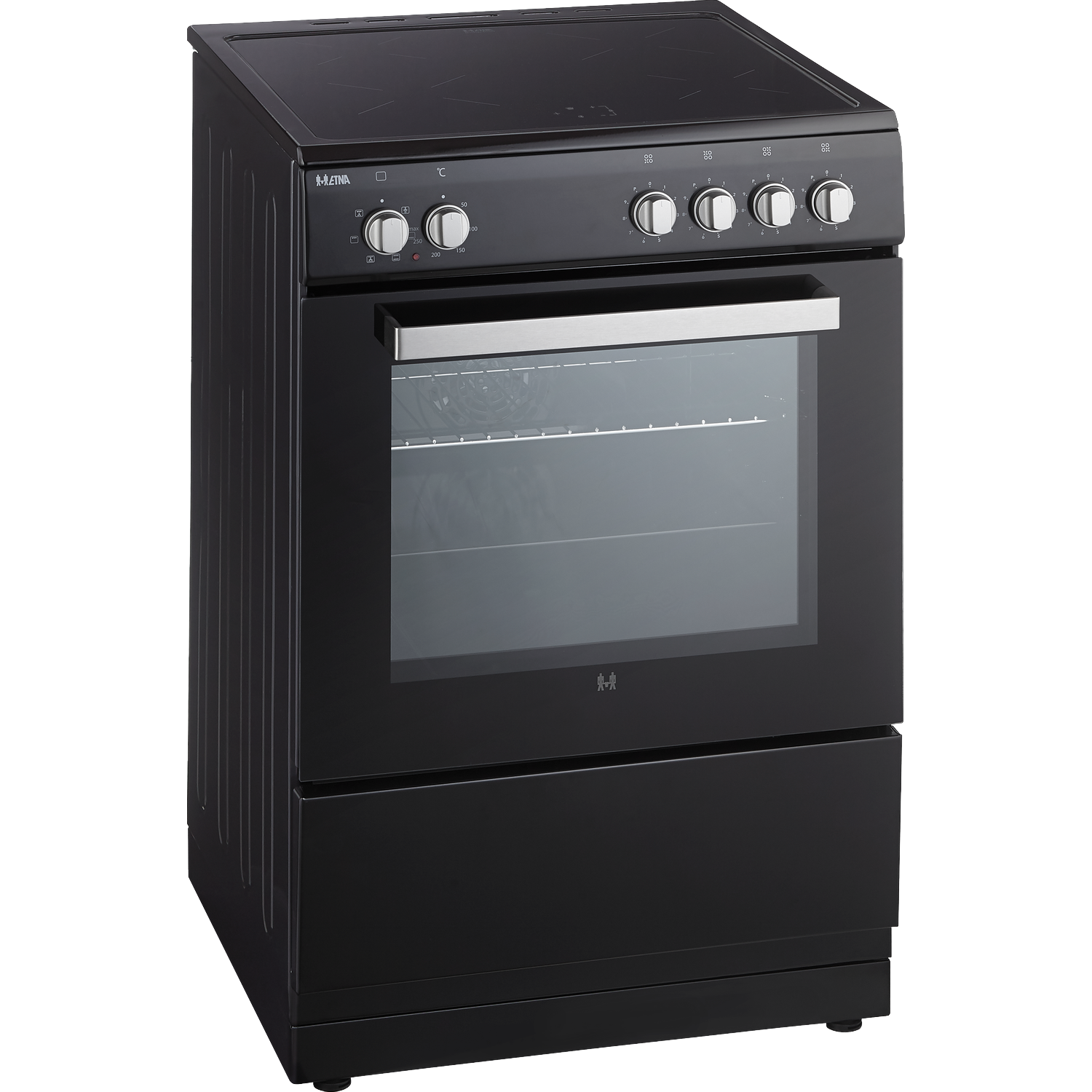 Black freestanding cooker with ceramic hob and oven door.