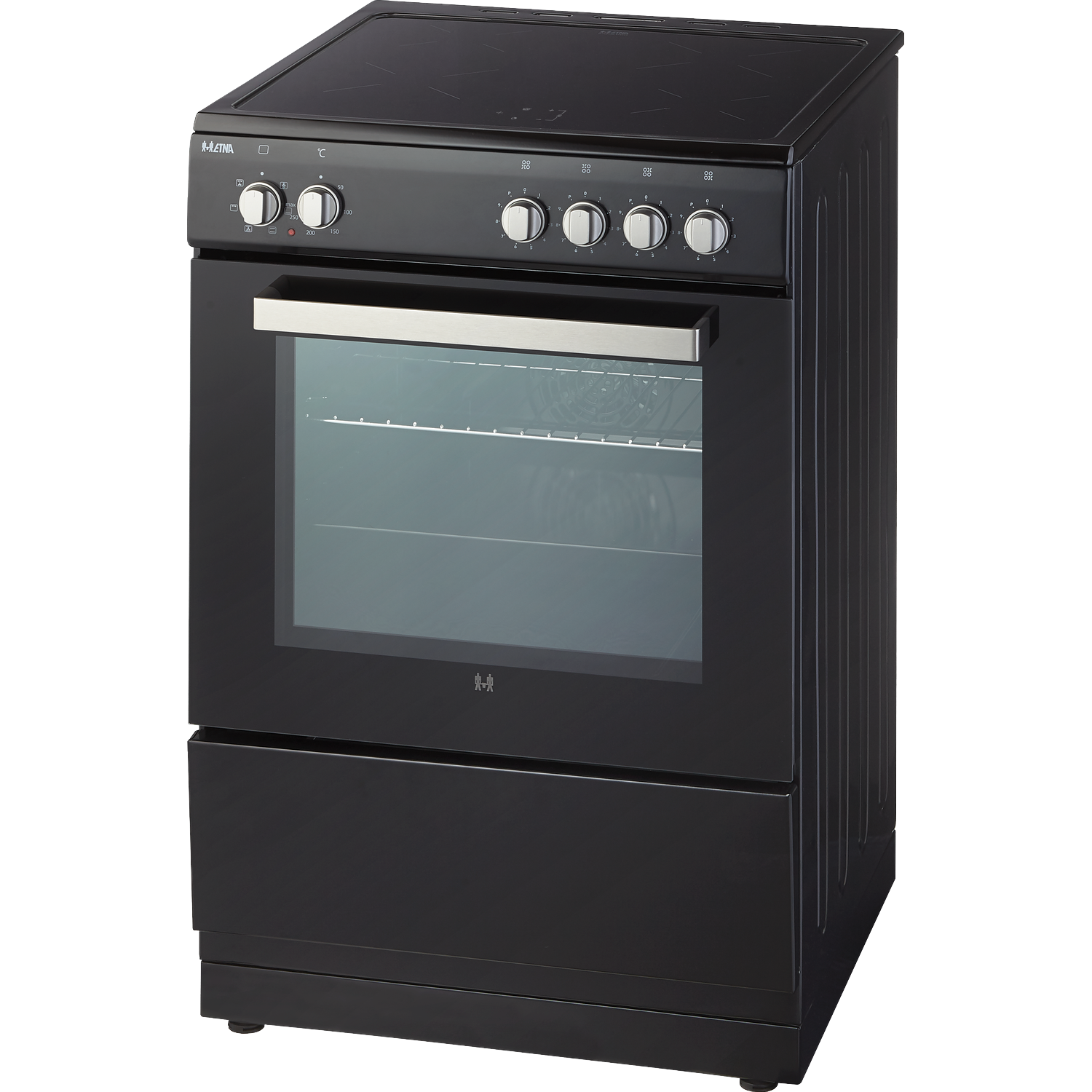 A black oven with a glass ceramic hob and a silver handle.