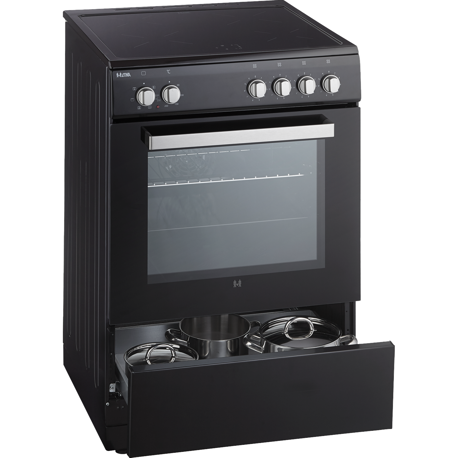 Black electric cooker with hob, oven door, and pull-out drawer with pots.