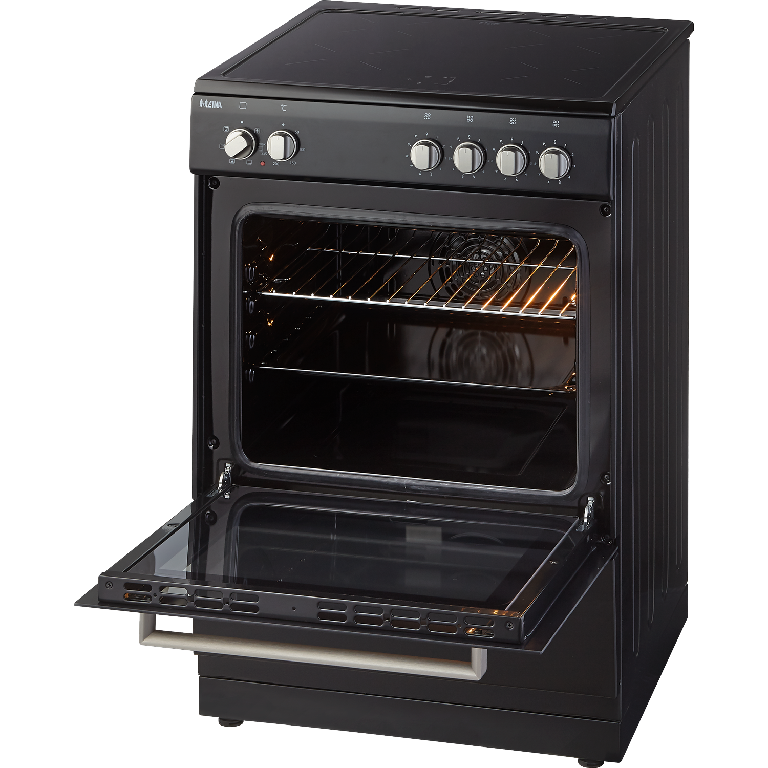 Black oven with open door and stovetop