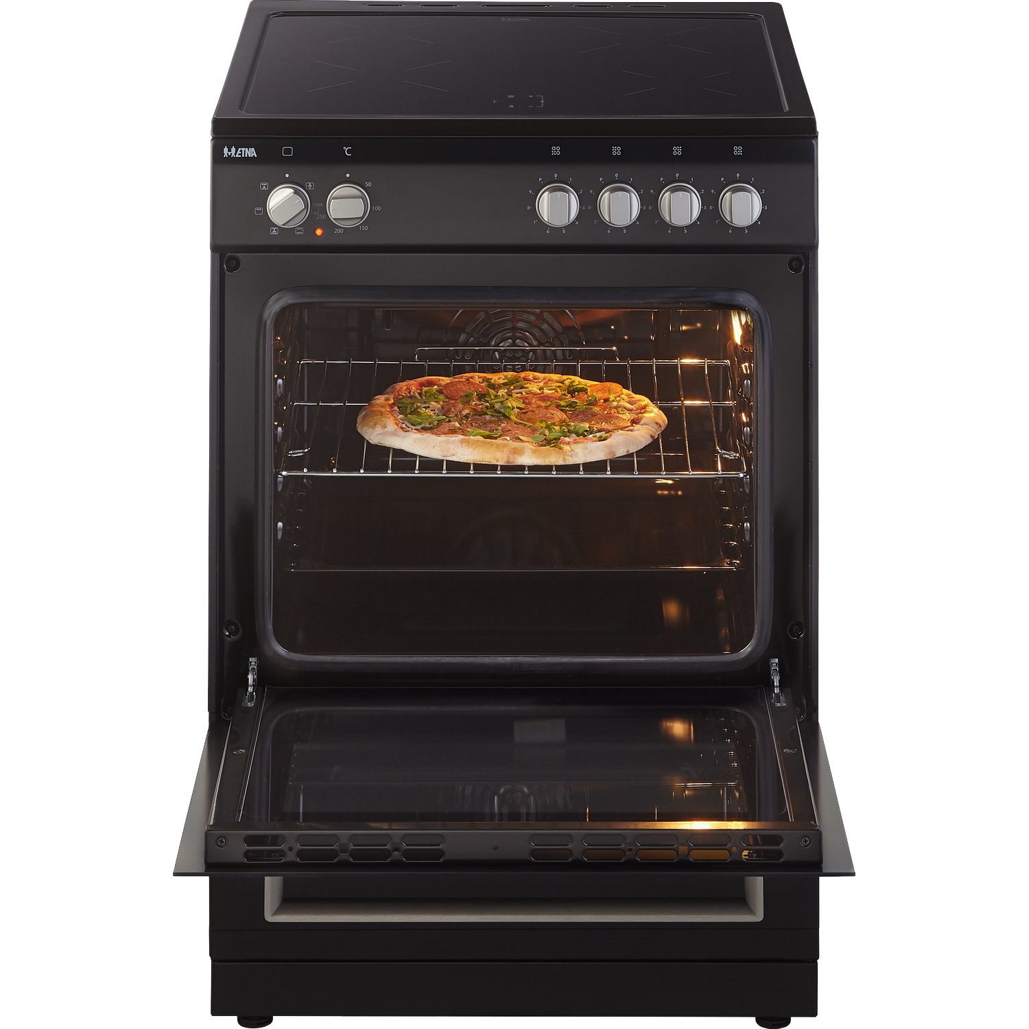 A black oven with its door open, a pizza is on the rack inside.