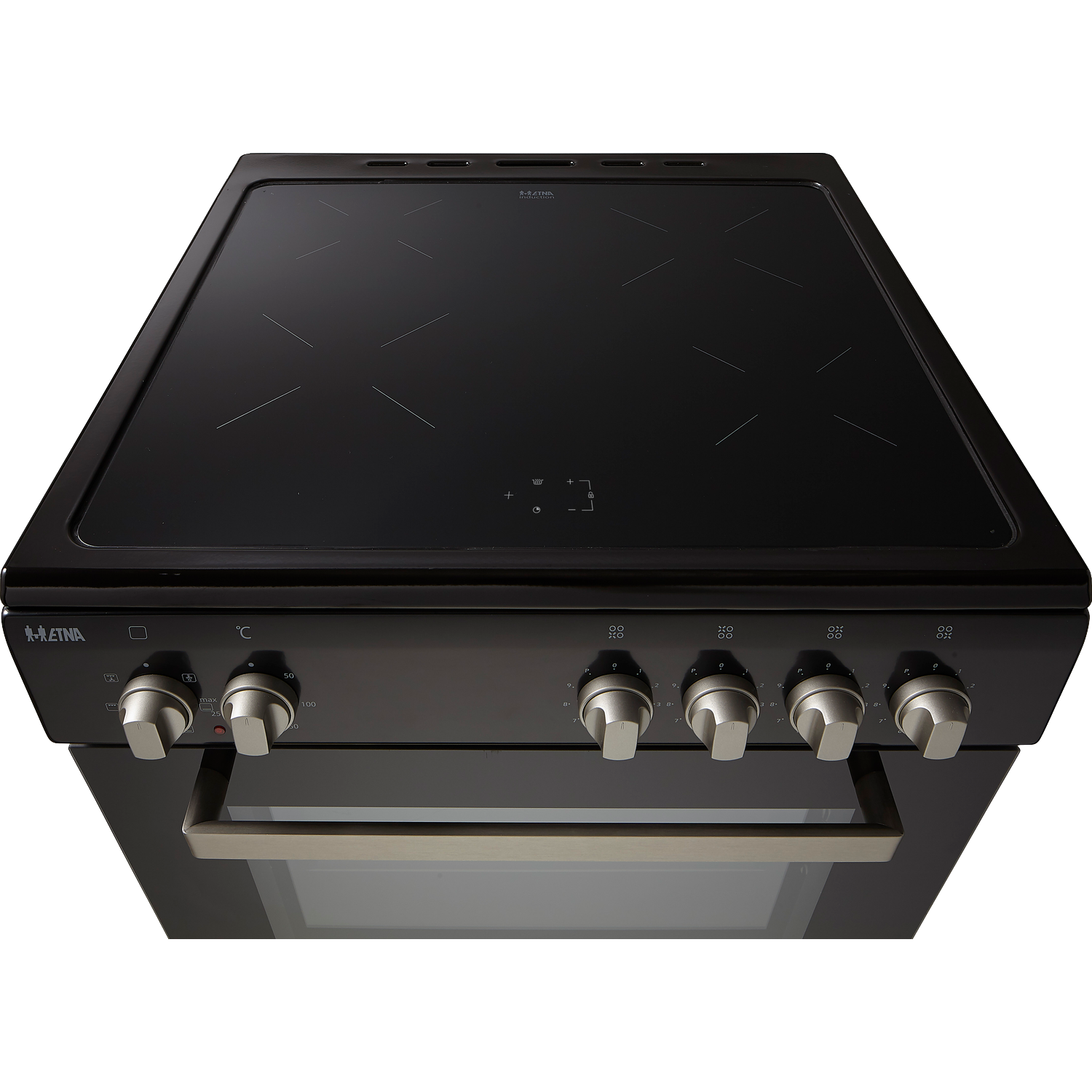 Black induction hob with glass ceramic surface and control knobs.