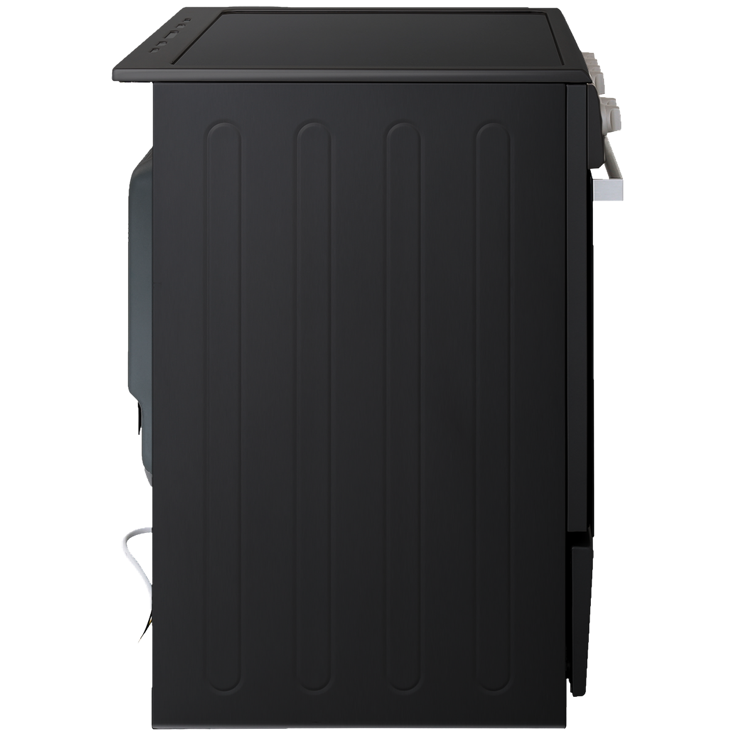 Black oven seen from the side with vertical lines and knobs on top.