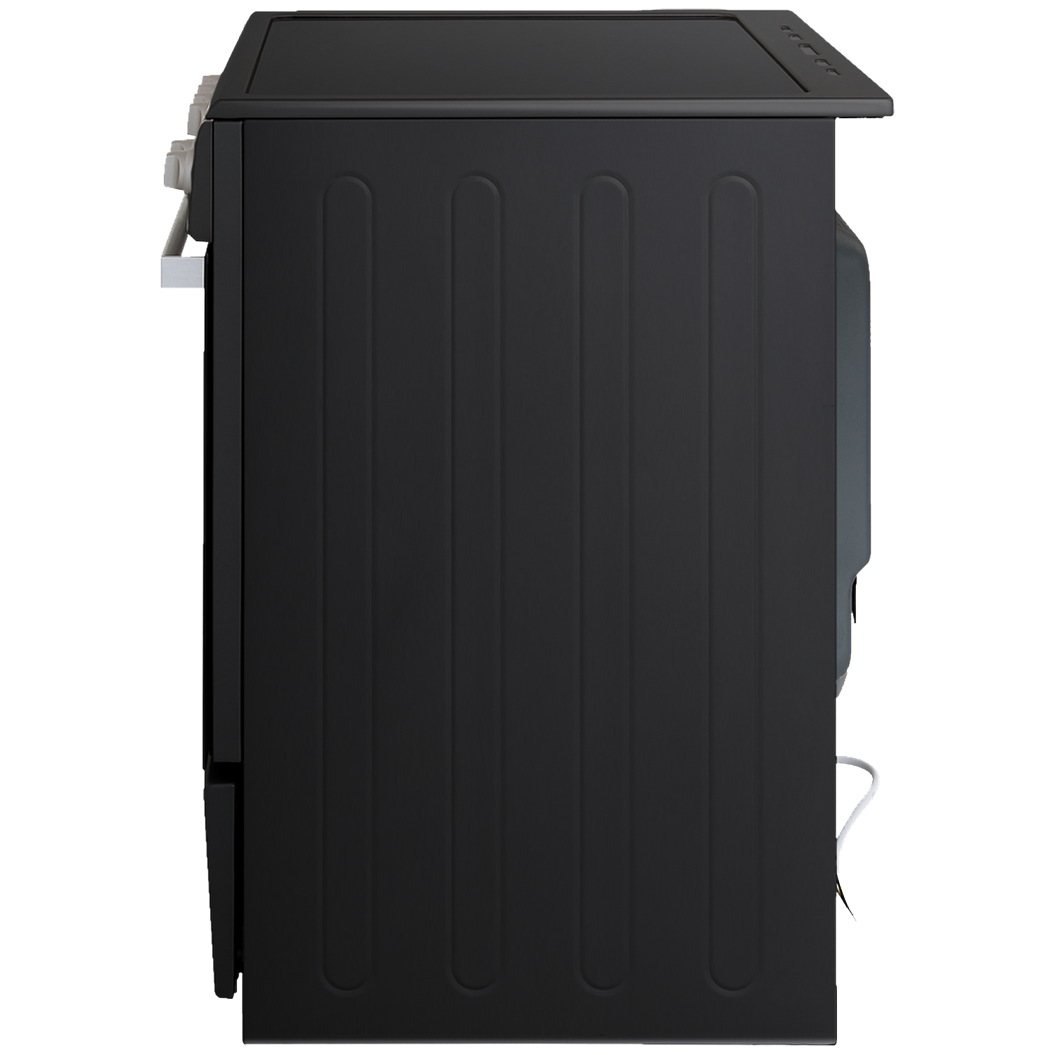 Black oven from the side, with handles and controls on top.