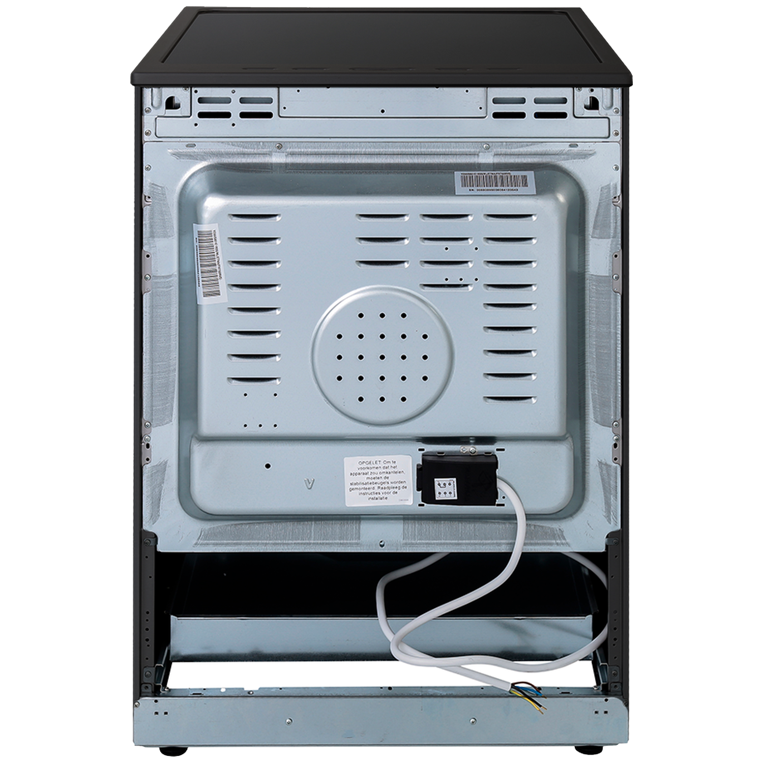 Back view of a black electric stove with a silver metal casing and cables.
